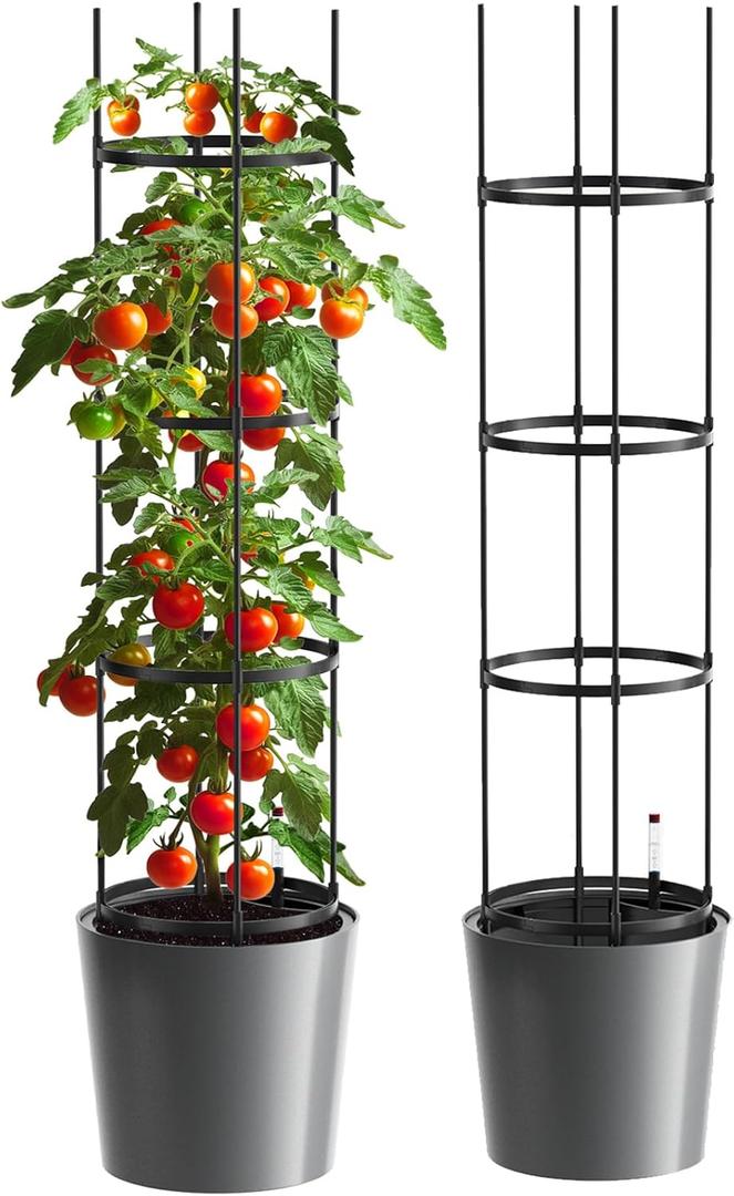 DoCred Self Watering Tomato Planter with Trellis, Large Flower Pot with Water Level Monitor, Round Garden Planters Plant Pots for Outdoor & Indoor Plants Flowers Decor, Gray