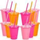 Whaline 18Pcs Colored Plastic Cups with Lids Straws 16oz Light Pink Hot Pink Orange Cold Cups Plastic Tumbler for Home Office Party Supplies