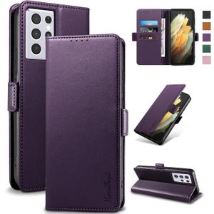 Wallet Flip Case for Samsung Galaxy S21 Ultra 5G - [RFID Blocking] Luxury PU Leather Card Holder Magnetic Phone Cover with Kickstand,Shockproof Protective Case,Purple