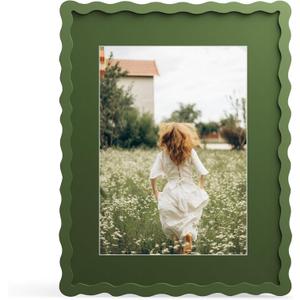 11x14 Picture Frame with Mat for 8x10, Wavy Edge Wooden Real Glass Photo Frame for Wall Hanging, Green, 1 Pack