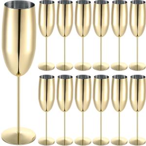 Yinder Champagne Flutes Bulk 8.5 oz Glasses Stainless Steel Stemmed Flutes with Box Unbreakable Toasting Glasses for Wedding Anniversary Parties Gifts Pool(Gold,12 Pack)
