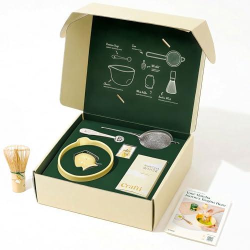 Crafti Matcha Whisk Set | Golden Hour 6-Piece Matcha Kit | Matcha Bowl with Spout, Chasen Bamboo Whisk, Whisk Holder and Whisklet™ Compatible Charms