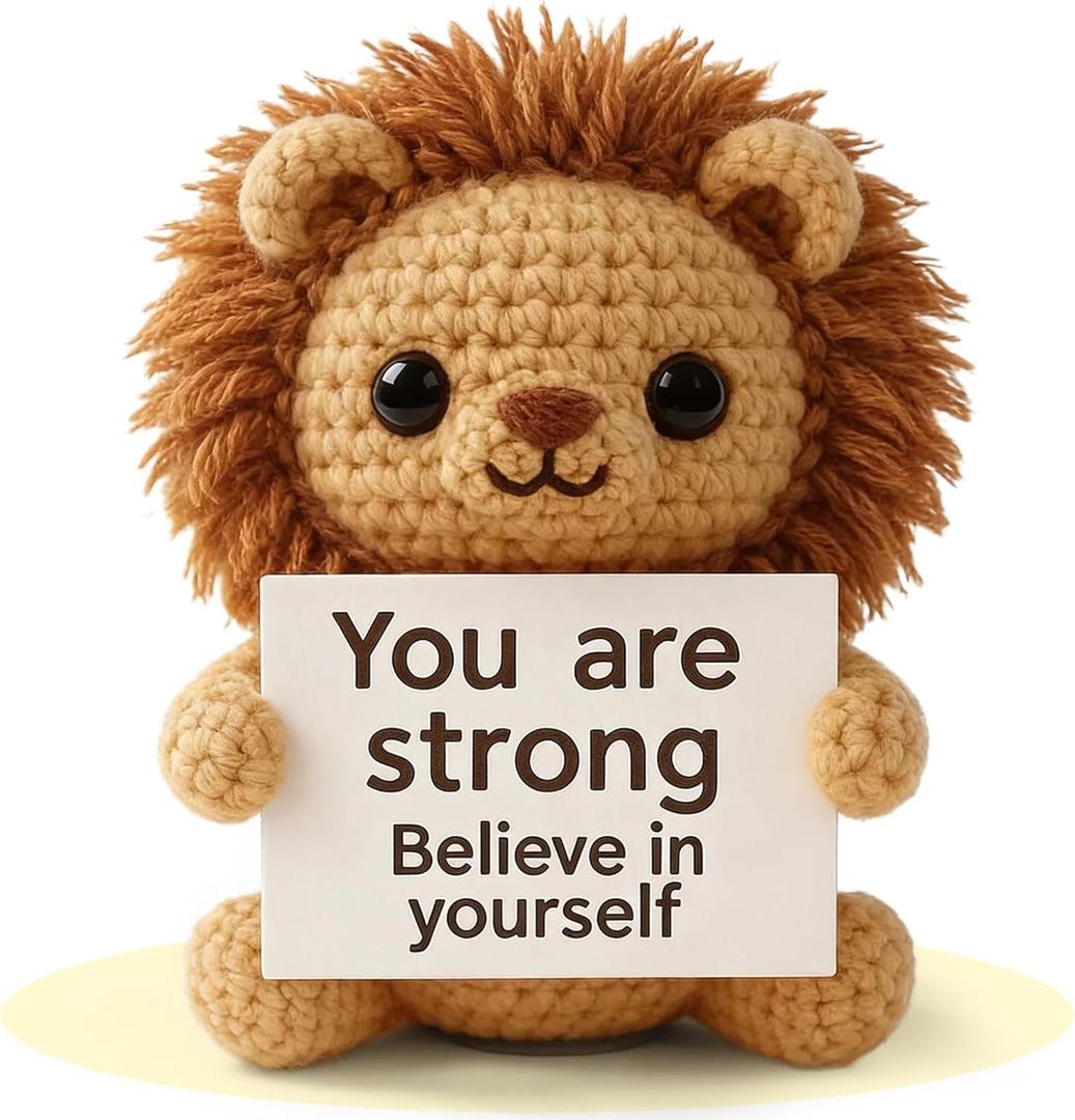 Positive Crochet Animals Lion - Handmade Emotional Support Crochet Doll Desk Decor Pickle Gifts Emotional Support Plush for Anxiety & Stress Relief Love Gift