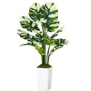 5FT Artificial Monstera Plant with Tall White Planter and Thread Moss, Realistic Faux Floor Tree with Large White Leaves for Indoor Outdoor Office Porch Living Room Corner Home Decor