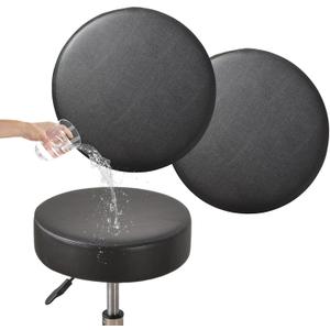 FUANGUI Bar Stool Covers Round Set of 2, Waterproof PU Seat Covers With Elastic Bands, Chair Covers Washable Cushion Slipcover for 12-15 Inch - Black