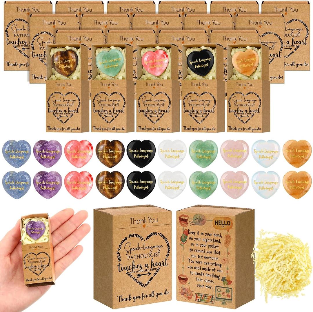 Motipuns 20 Sets Speech Language Pathologist Gifts Speech Therapy Pocket Hug Token Heart Stones Bulk Crystal Healing Rocks Gemstones with Boxes Emotional Support Gifts for Therapist Students Women