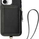 ZVE Compatible with iPhone 16 Case Wallet, Phone Cover with Card Holder Wrist Strap, RFID Blocking Zipper Leather Case for iPhone 16, 6.1"-Black