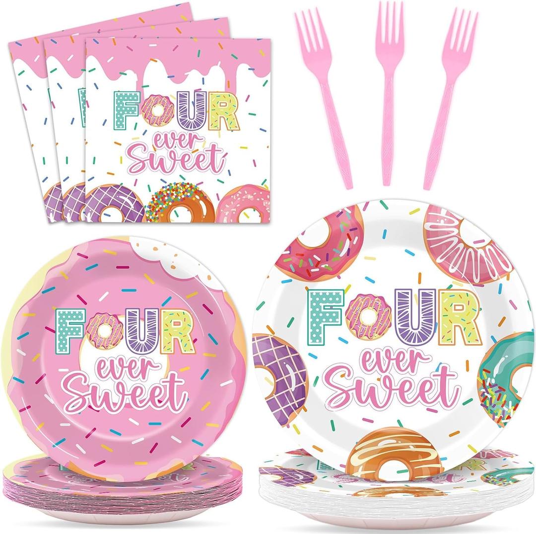96 Pcs 4th Birthday Donut Party Decoration for 24 Guests Four Sweet Donut Paper Plates Napkins Four Years Old Themed Tableware Set Table Supplies 4th Birthday Pink Party Favor