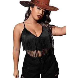 Women Plus Size Cowgirl Fringe Crop Top - Western Country Concert Outfit Rave Festival Tank Tassel Boho Rodeo Shirt 2XL