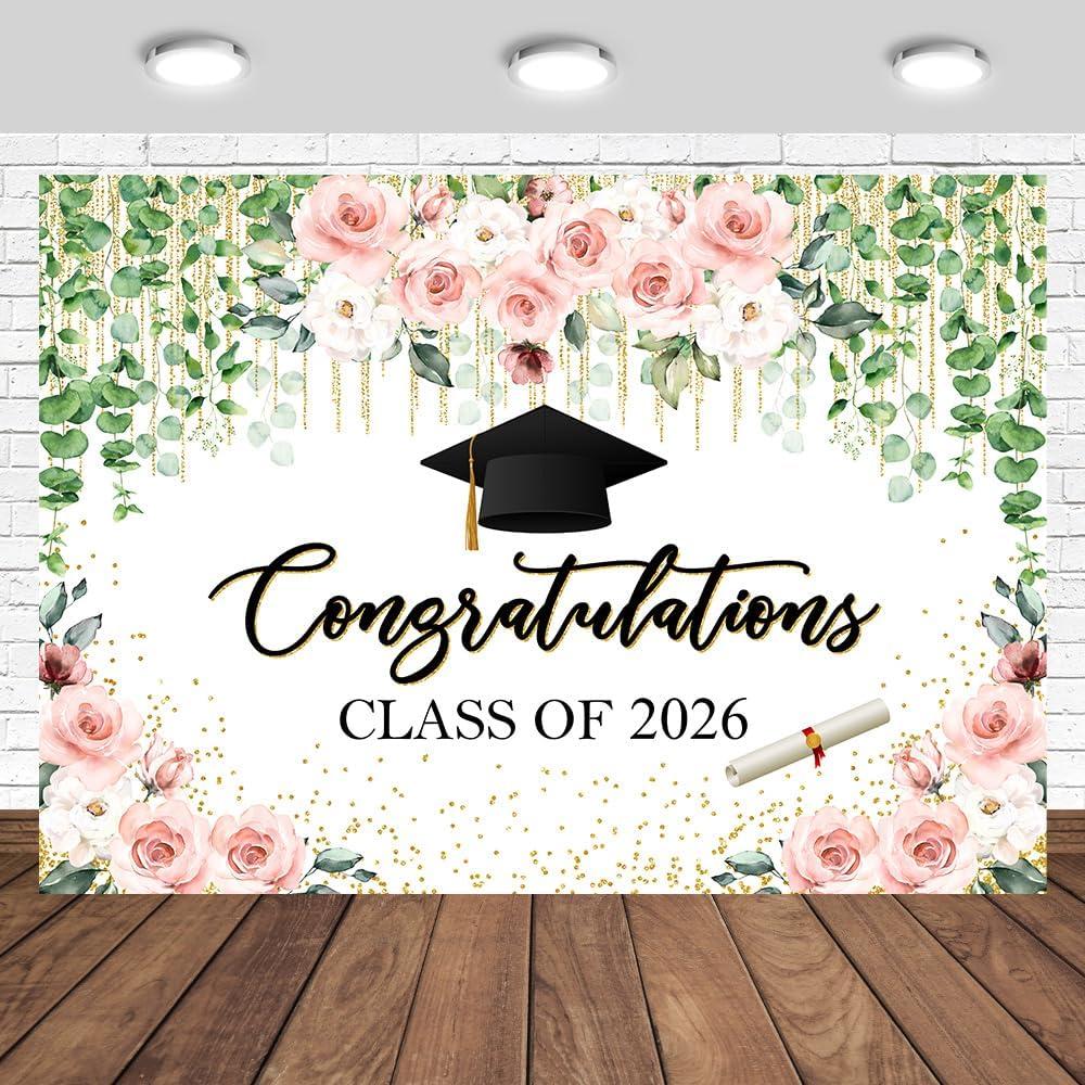 Congratulations Class of 2026 Backdrop 7x5ft Spring Pink Floral Graduation Party Photography Background Congrats Grad Class of 2026 Decorations Prom Party Banner Photo Studio Props