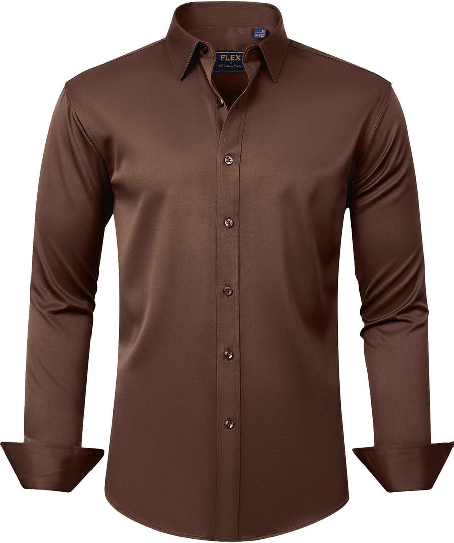 J.VER Men's Dress Shirts Solid Long Sleeve Stretch Wrinkle-Free Formal Shirt Business Casual Button Down Shirts (X-Large, Brown)