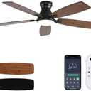 JSAITEE Ceiling Fans with Lights, 52 Inch Low Profile Ceiling Fan with Light and Remote Control, Flush Mount, DC Reversible Motor, Noiseless, Brown 6 Speeds Ceiling Fan for Bedroom