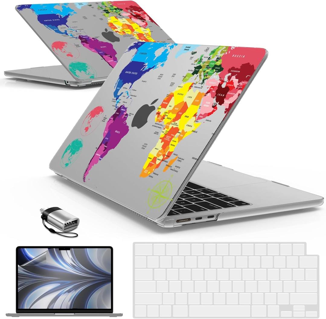 IBENZER Compatible with MacBook air 13 inch Case 2026 2025 2024 2023 2022 M4 A3240 M3 A3113 M2 A2681, HardShellCase w/KeyboardCover ScreenFilm Type-C for Mac air 13.6", Map, KK-MAP+2TC