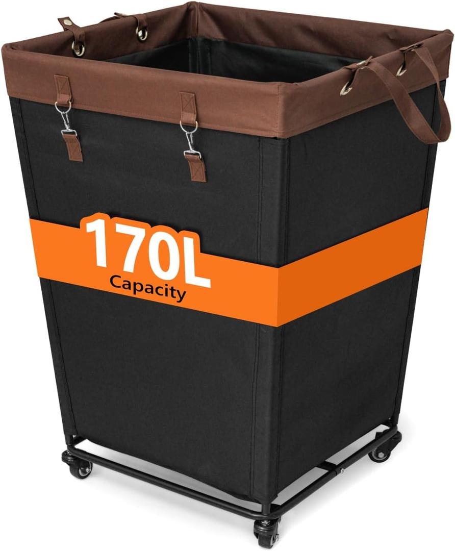44 Gal Laundry Hamper with Wheels, Large Capacity Laundry Basket with Wheel and Handle, Black Fabric Rolling Dirty Clothes Hamper for Bathroom Dorm Closet Home Hotel (170L)