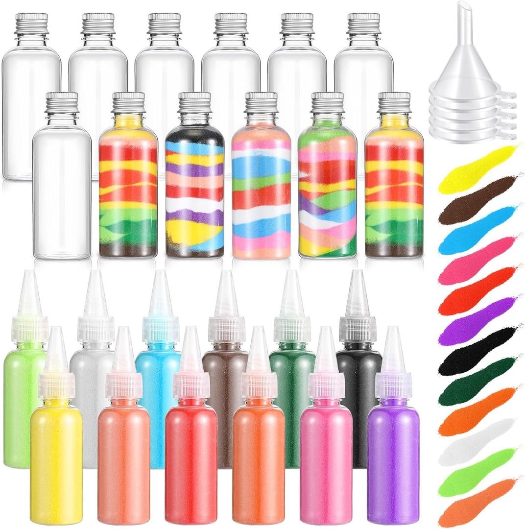 Shappy 12 Pack Sand Art Kits Include 12 Pcs 1.7 oz Plastic Sand Art Bottles, 12 Colored Arts Sands, 5 Mini Funnels for Wedding Birthday Party Decoration Arts Crafts Supplies(Aluminum Cap)