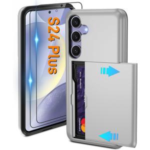 Pilaru for Samsung Galaxy S24 Plus Case with Card Holder and (2 Pcs) HD Screen Protector, Slim Heavy Duty Dual Layer Shockproof Design & Hidden Card Slot Wallet Case for Galaxy S24 Plus-Grey