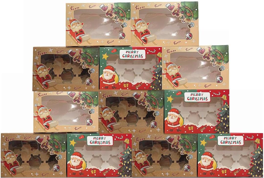 24 Pack Huge Christmas Cookie Boxes with Window, 24x15.5x7.5cm Large Holiday Food Bakery Treat Boxes for Gift Giving,Pastry,Candy,Party Favors, Christmas Kraft Gift Boxes With Six Cupcake Tray
