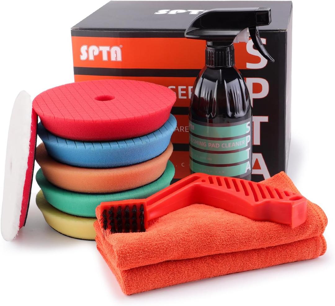 SPTA 10 Pcs Detailing Set, 5Pc 5 inch Buffing Polishing Pads, 1 Microfiber Finish Pad, 1-16 oz Polishing Cleaner, 1 Conditioning Brush, 2-16"*16" Microfiber Towel. for Dual Action and Rotary Polishers
