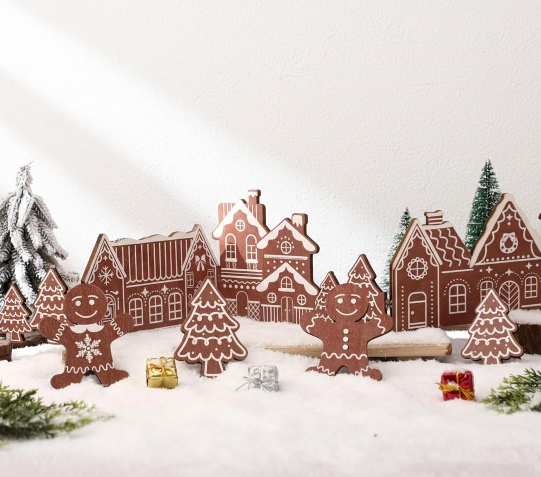 32 Inch Christmas Tabletop Decoration Wooden Christmas Gingerbread Man Themed Xmas Tree and House Signs Farmhouse Centerpiece Decor for Home Kitchen Table Shelf Decor