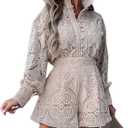 SOMTHRON Women's Summer Eyelet Lace Two Piece Outfits Long Sleeve Blouse Tops Shorts Floral Embroidery Set (L)