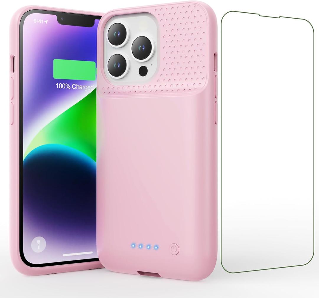 Battery Case for iPhone 13/13Pro/14 (6.1 Inch),Real 7500mAh Battery Charging Case Portable Rechargeable Protective Extended Additional Charger Case for iPhone 13/13pro/14,Pink