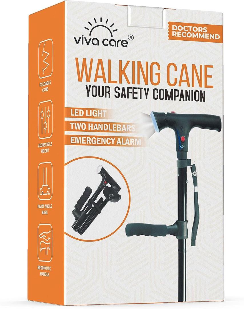VIVA CARE Walking Cane with Light & Alarm - Foldable, Adjustable, Lightweight, for Balance & Stability for Adults, Seniors, and Injured. [Black] (Medium)