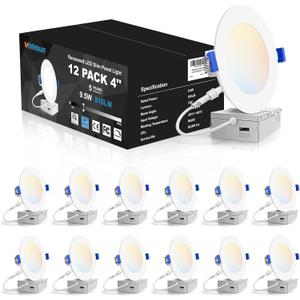 VOLISUN 12 Pack 4 inch Recessed Lighting, 5CCT LED Recessed Light with Junction Box, 2700K-5000K Selectable, 9.5W Eqv 80W, 810LM Dimmable Can less Wafer Downlight, LED Ceiling Light ETL Certificated (White)
