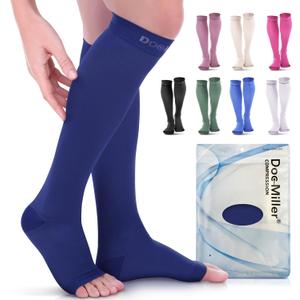 Doc Miller Open Toe Compression Socks, 20-30 mmHg, Toeless Compression Sleeves for Legs, Knee High Stockings for Shin Splints, Varicose Veins, Travel, Calf Support & Muscle Recovery, Men & Women, Pair (Medium, Dark Blue)