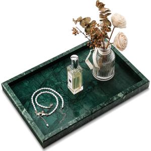 Real Natural Marble Tray for Bathroom, Vanity, Kitchen and Desktop, Rectangle Genuine Marble Stone Tray for Jewelry, Cosmetics, Candles, Lotion, Perfume and Home Decor (12" x 8" x 1.2", Green)