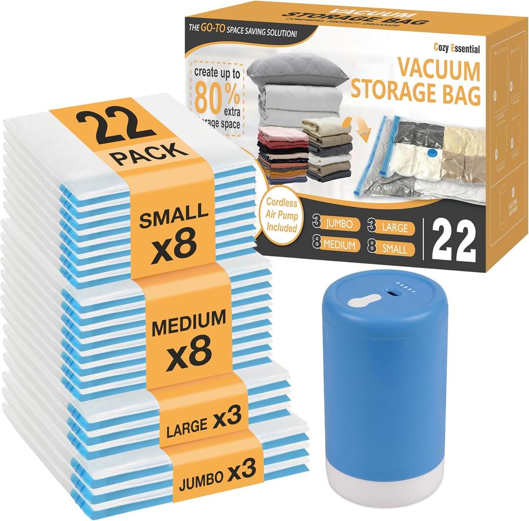 Cozy Essential Travel Vacuum Storage Bags with Rechargeable Cordless USB Pump, Space Saver Bags for Luggage, Suitcase, Carry-On, for Clothes, Blankets, Bedding & Seasonal Storage,22 Combo