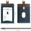 Badge Holder: Boshiho Cowhide Leather ID Badge Card Holder with 19" Neck Lanyard, Vertical Style (Brown-Blue)