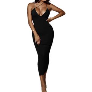 PRIMODA Women's Sexy Neon Asymmetrical Spaghetti Strap Dress Deep V-Neck Sleeveless Bodycon Midi Club Dress(Black, S)