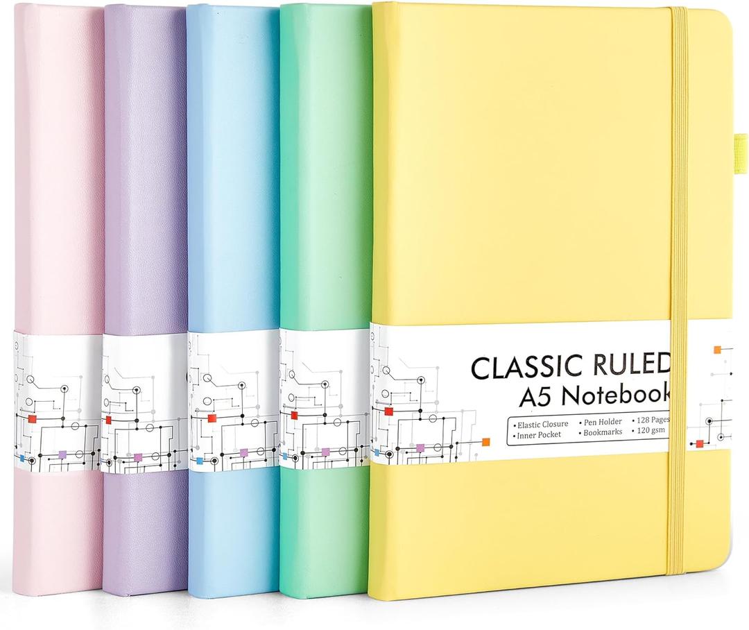 feela 5 Pack Notebooks Journals Bulk, Hardcover Classic Ruled Lined Journals with Pen Holder for Women Girls School Business Supplies, with 5 Black Pens, 120 GSM, 5.1x8.3, A5, Pastel Colors