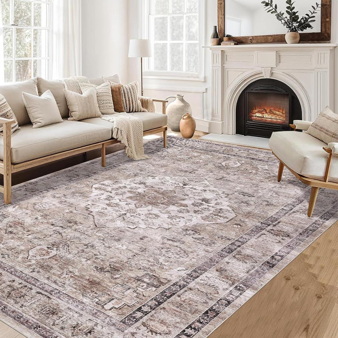 Pauwer Washable Area Rug 9x12, Large Boho Living Room Area Rugs, Soft Vintage Rug Carpet for Bedroom, Non Slip Low-Pile Distressed Accent Rug for Bedroom Dining Room Entryway Dorm Kitchen, Beige (9'x12', Beige)