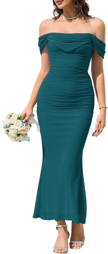 KUTUMAI Off The Shoulder Maxi Long Dress Corset Ruched Bodycon Cocktail Formal Wedding Guest Dresses for Women (Blue, L)