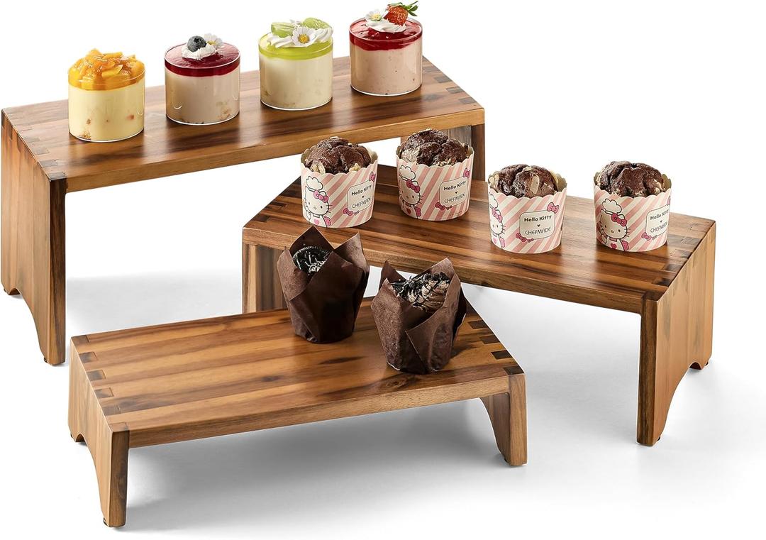 Acacia Wood Risers Display Stands Set of 3 - Wooden 3 Tier Cupcake Stand - 3 Tiered Riser for Vendors - Decorative Display Risers for Food Desserts Stand, Perfume, Funko POP at Party Wedding (Large)