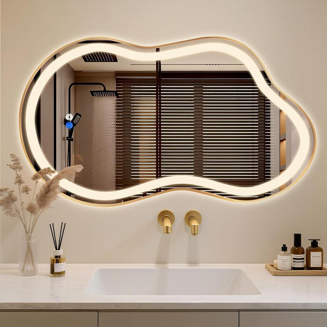 Irregular LED Bathroom Mirror with Lights, Cloud Smart Backlit Mirror, Dimmable Lighted Bathroom Gold Mirror with Anti-Fog, Asymmetrical Vanity Mirror Hangable 2 Ways (Gold, 20 x 36, 1 Pack)