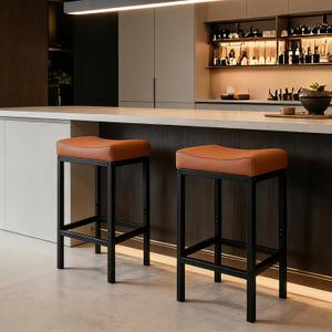 Set of 2 Backless Bar Stools 24 Inch, Modern Counter Height Stools with Soft Faux Leather Padded Saddle Seat, Heavy Duty 300LB Capacity for Kitchen Island,(01brown-24 Inch)