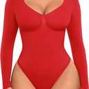 FeelinGirl Women's Long Sleeve Shapewear Bodysuit for Tummy Control Seamless Body Suits Thong V Neck Going Out Tops (Large)