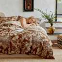QKTE Premium 100% Cotton Muslin Duvet Cover Queen Size, 3 PCS Double Gauze Yarn-Dyed Jacquard Duvet Cover Set with Zipper Closure, Reversible Floral Breathable Soft Bedding for All Seasons, Coffee