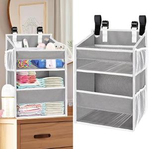 Hanging Diaper Organizer for Changing Table, Cribs, Car, Playard or Wall & Nursery Organization - Durable 2-Tier Diaper Caddy with Mesh Pockets and Viewable Design, Won't Deform, Crib Accessories