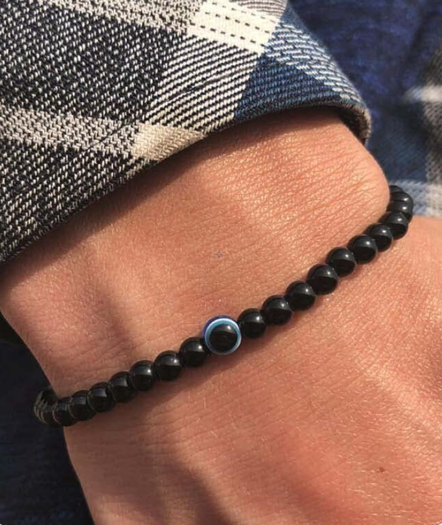Evil Eye Bracelet 6mm Natural Stretch Adjustable Beaded Bracelets for Men ,M Size