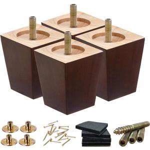 Wood Furniture Legs 3 inch Sofa Legs Set of 4 Square Brown Couch Legs,Mid Century Replacement Chair feet, for Dresser, Sideboard, Recliner, Coffee Table