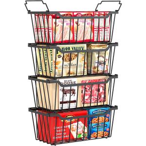 SUNALLY Freezer Organizer Bins, 4 Pack Stackable Chest Freezer Organizer for 5-7 Cu.FT Deep Freezer Sort Frozen Meats and Food, Freezer Storage Baskets with Handles Easy Reach from Bottom, Black