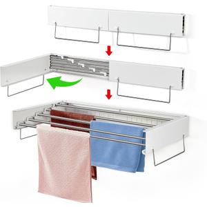 Heshecein Wall Mounted Collapsible Clothes Drying Rack - 5 Stainless Steel Rods, Folding Indoor/Outdoor Laundry Rack for Clothing and Towels - White, 31.5" Wide