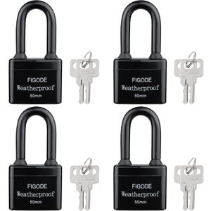 FIGODE Outdoor Waterproof Padlocks, Covered Heavy Duty Laminated Steel Locks, Large Sturdy Locks, 2.2 in. Wide, 4 Locks Same Key, Long Padlocks
