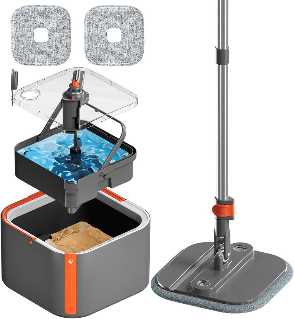 KZKR Upgraded Spin Mop and Bucket Set, Separate Clean and Dirty Water System, 360 Foldable Square Mop Bucket Head with Washable Microfiber Mop Pad, Detachable Bucket for Home Floor Cleaning (2.0 Mop Bucket Set with 2 Pads)
