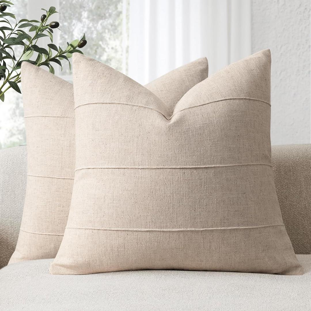 Decorative Linen Throw Pillow Covers 18x18 Set of 2 Solid handcrafted Striped Cushion Covers for Bed Soft Modern Farmhouse Neutral Pillowcase for Couch Bedroom Living Room Home Decor(Natural Beige)
