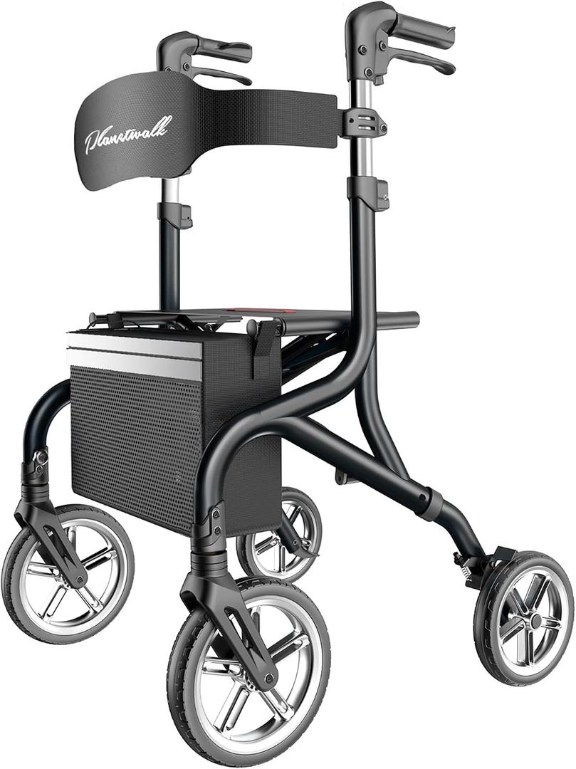 PLANET WALK Super Lightweight Rollator Walker for Seniors, Foldable Rolling Walker with Seat and 10" Rubber Front Wheels for All Terrain, Height Adjustable Backrest, Experience Comfort Anywhere-Black