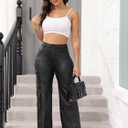 Ryehack Faux Leather Pants for Women Y2K High Waisted Wide Leg Cargo Pants PU Trousers with Pockets